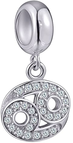 12 Zodiac Constellation Pendant Charms with Clear CZ, 925 Sterling Silver Horoscope Beads, fits European Birthday Bracelet, Gifts for Mother/Wife/Boyfriends