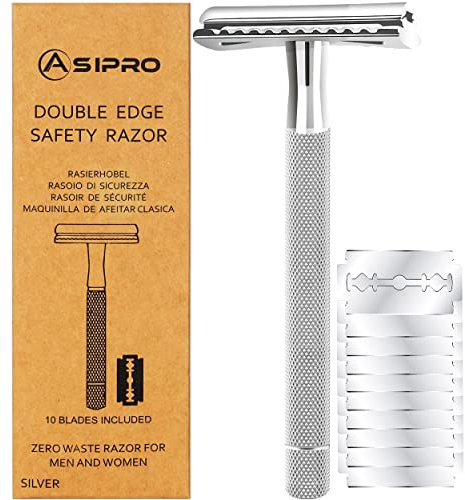 ASIPRO Maquinilla de Afeitar Clasica con 10 Cuchillas de Afeitar Doble Filo para Hombre y Mujer Safety Razor Kit, Cuchilla Afeitar Clasica, Afeitadora Tradicional, Maquinilla de Afeitar Hombre Clasica