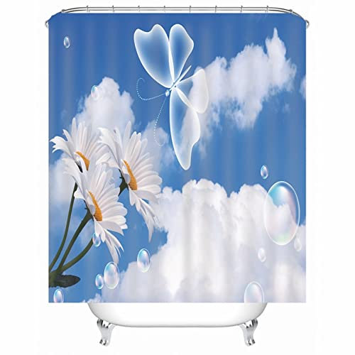 Whoiy Duschvorhang Blumen 120X180, Duschvorhang Outdoor Polyester Badegardinen Himmel Sonnenblumen Schmetterlings Blase Blau für Hotel