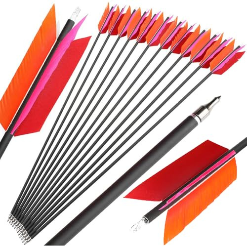 HNZMDY 6/12pcs Bogenschießen Jagd Pfeile 30 Zoll Flu-Flu Pfeile Carbon Pfeile Spine 500 mit 4 Türkei Federn Bogenpfeile für Kleinwild Jagd Schießen (12, Rosa Orange, 30 Zoll)