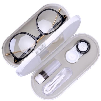 Muf 2 in 1 Contact Lens Case and Glasses Case,Double Sided Dual Use Design,Leak Proof & Portable,Tweezer and Contact Lens Solution Bottle Included for Travel Kit(Black & White Marble)