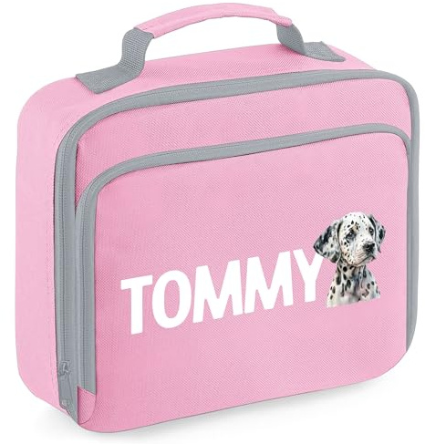 Personalised Dalmatian Lunch Box Kids Boys Girls Dog Puppy Back to School Accessories Toddlers, 24cm x 20cm x 8cm, Light Pink