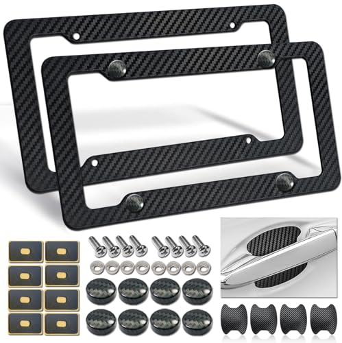Carbon Fiber License Plate Frames- Black Carbon Pattern Plastic Front & Rear Car Tag Holder Cover 2 Pack with Mount Hardware, Screws, Caps, Handlebar Stickers