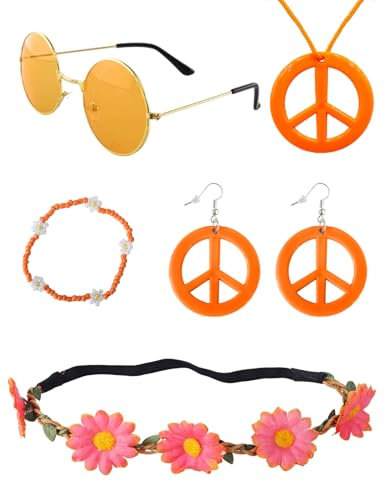 Heartsking Hippie Accessoires, Hippie Kostüm Damen 5 Stück Orange 70er Jahre Accessoires, Flower Power Accessoires Zubehör, 60er 70er Kostüm Zubehör für Halloween Mottopartys Disco Party