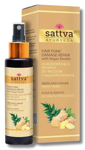 Sattva Ayurveda Tonico per capelli Neem & Zenzero – Tonico vegano cheratina per la crescita e la riparazione dei capelli – Cura del cuoio capelluto contro perdita di capelli e forforfora – Senza