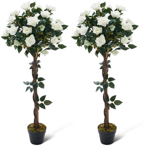 BTGGG 2 Pack Artificial Trees Outdoors 120CM/4FT Artificial Rose Tree Blossom Tree with Pot, Decorative Artificial Trees Plants with Realistic Twisted Trunk for Indoor Outdoor Home Office Decor, White
