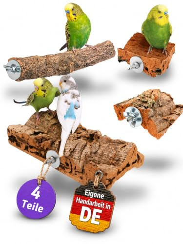 Vogelgaleria® Kork für Vögel 4-teiliges Set großes Korksitzbrett, Korksitzstange 20cm, 2X Korkpicksteine Korkzubehör Wellensittich Vogelzubehör
