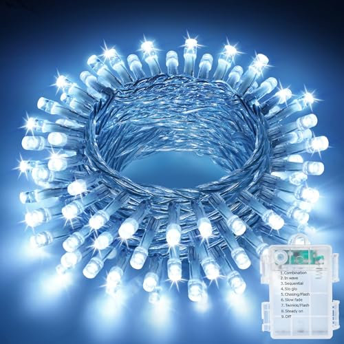 LED Lichterkette Innen Außen, 5M & 50LEDs Batterie Weihnachtsbaum Lichterkette, 8 Modi IP44 Wasserdicht Fairy Lights mit Timer, für weihnachten, Innen, Außen, Garten, Party, Hochzeit - kaltweiß