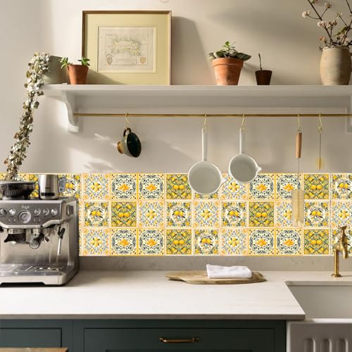 Fliesenaufkleber Gelbe Zitrone Klebefliesen Küche 3d Wandpaneele Selbstklebend PVC Fliesenaufkleber Bad Wasserdicht Selbstklebende Fliesen Leicht Zu Schrubben Fliesensticker10 PC(10x10cm)
