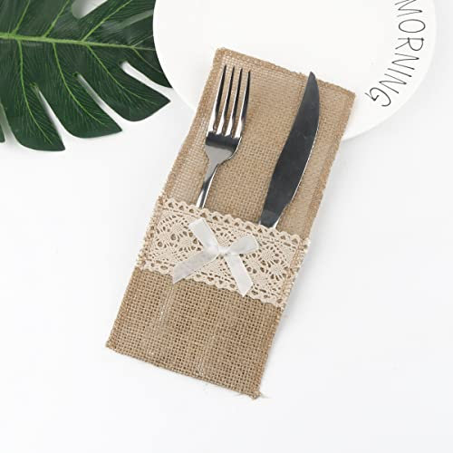 PTNKUIIY 50 Stück Jute Bestecktaschen - Vintage Jute Bestecktaschen mit Spitze Besteckhalter aus Sackleinen Hochzeitsdeko Tischdeko für Hochzeit Party Geburtstag Zuhause Kommunion Ostern -#8