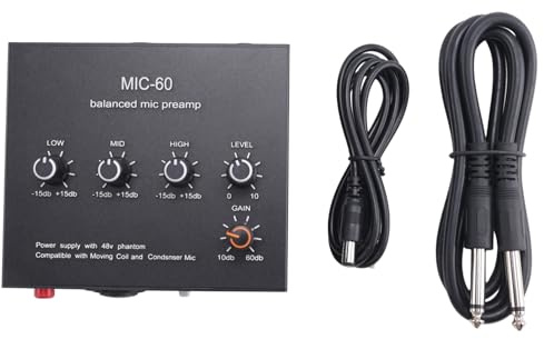 Sessleger MIC-60 3-Band-Equalizer, Mikrofon-Vorverstärker, ausgewogener Mikrofonvorverstärker, mit Gleichstromkabel und 6,5 mm Kabel, einfache Installation, einfach zu bedienen