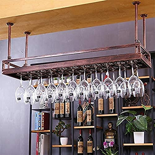 European Retro Iron Hanging Wine Rack for Bar and Restaurant Bronze 60 * 35Cm Ceiling Wine Glass Holder and Beer Bottle Shelf Upside Down Goblet Organizer