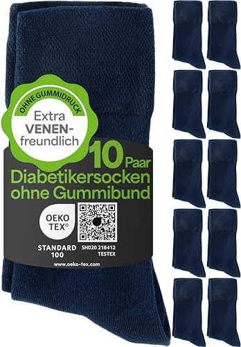 HELDENWERK Diabetikerstrumpor för män och kvinnor 10 par | Diabetikerstrumpor utan elastiskt midjeband och sömmar av 97 % bomull | Extra breda hälsostrumpor med komfortlinning, Marinblå (10x), 39-42