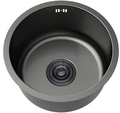 Pileta de Cocina Negro,Fregadero Redondo,Lavadero 1 Seno Inox,Pila de Cocina PequeñO con Drenaje,Formas de Instalar Sobre Encimera/Bajo Encimera (Ø 34cm)