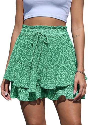CheChury Pantalón Corto Mujer Fluidos Gasa Shorts Corto Falda Volante Alta Cintura Shorts Mujer Verano Estampado Floral Pantalones Cortos Casual con Cordón Bermudas Playa Boho Volante
