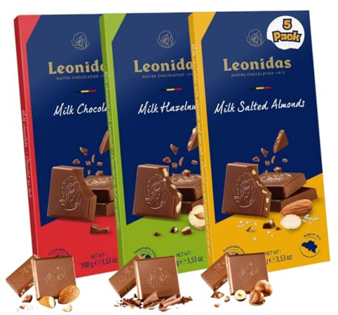 Leonidas 3 Milk Chocolate Tablet Set – Premium Belgian Milk Chocolate, Milk Hazelnut & Milk Salted Almonds – Luxurious & Creamy Chocolate Bars – Perfect for Snacking, Gifting & Sharing (100g Each)