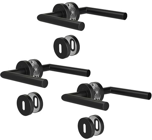 KeZaara Maniglie per Porta Interne 3 Pezzi, Maniglia per Porta in Acciaio Inox con Rosetta Arrotondata Ø 52 mm, Nero Opaco, Forma di L, BB-Chiave a Profilo Tondo