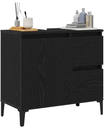 vidaXL Cabinet de Salle de Bain avec tiroir Chêne Noir 65 x 33 x 60 cm, Meuble de Salle de Bain, Rangement Rectangulaire, Miroir Épais, Bois Ingénieré, Montage Mural