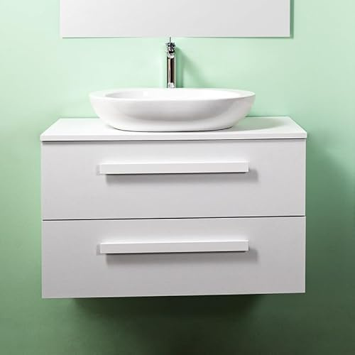 Yellowshop | Mobile Bagno Sospeso CM 90 – 2 Cassetti con Lavabo d’Appoggio – Finitura Cemento Bianco (Mobile con Lavabo)