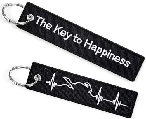 Sinmoe 2 Stück Schlüsselanhänger Motorrad aus Stoff mit Schlüsselring Bestickt & Kratzfest The Key to Happiness EKG Muster Anhänger Schlüssel Geschenk für Motorräder Auto Moped, 13 x 3 cm, Schwarz