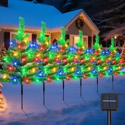 Qoosea Solar Christmas Tree Stake Lights 6 IN 1 120 LEDs 8 Modes Solar Garden Ground Lights with Colorful Strawberries Xmas Accessories for Garden Pathway Christmas Decoration