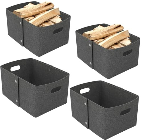 LILIIN 4 Stück Aufbewahrungskorb mit Griff, Faltbare Filzkörbe, Aufbewahrungsbox Filz, Faltbox, Knopf-Aufbewahrungstasche, Filz Organizer für Regale Schränke Haus Büro, Dunkelgrau, 35 x 25 x 20 cm