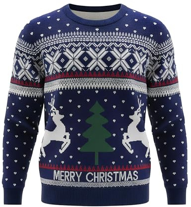 Bresdk Maglione Natalizio Famiglia Maniche Lunghe Girocollo con Renna Pullover Natale Morbida e Calda Idea Perfetta per Feste, Compleanno o Inverno Blu-A XL