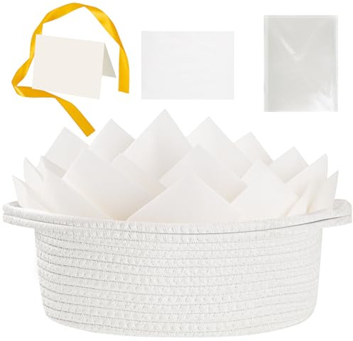 woric Geschenkkorb, 30,5 x 20,3 x 12,7 cm, kleiner gewebter Korb mit Geschenktüten, Grußkarten, Bändern und Seidenpapier, Baumwollseilkörbe für Geschenke, leer, Geburtstag, Weiß