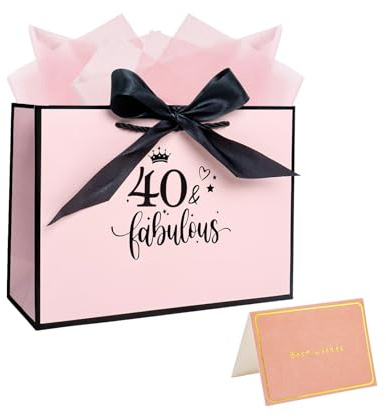 28× 20× 10cm 40. Geburtstag Geschenktüte für Frauen, 40. Rosa Papier Geschenktüte mit Karte und Seidenpapier