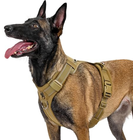 OneTigris Hundegeschirr, Diesel Einstellbar Taktisches Geschirr Weich Gepolstert Brustgeschirr für mittelgroße und große Hunde mit Reflektierend, 1 Griff, 3 D-Ringe (Braun, L)