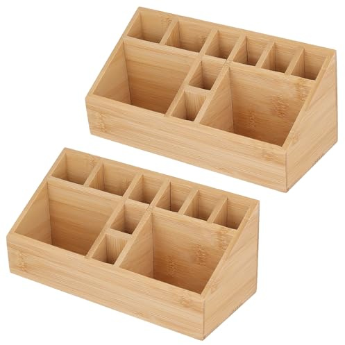 FUNSUEI 2 Stück 23 x 10 x 10cm Holz Schreibtisch Organizer, Schreibtischablage Holz, Natur Organizer für Stifte, Kosmetik und Büro