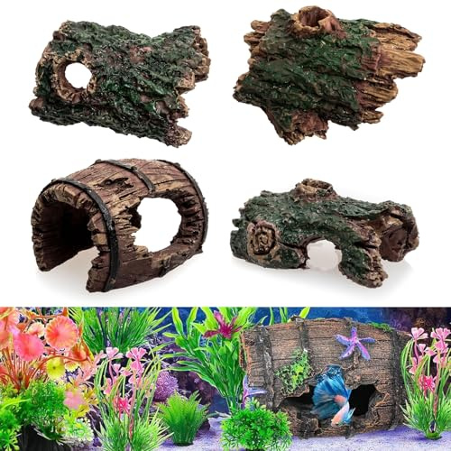 4 Pezzi Legno per Decorazione Tronchi d'Albero Cavi Grotte per Acquario e Terrario Adatti Come Nascondiglio per Rettili Piccoli Anfibi o Habitat di Nuoto per Pesci Betta e Gamberetti