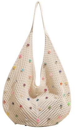 DIEKE Bolso de mano a juego para mujer, bolso de hombro de ganchillo, bonito bolso de mano para axilas femeninas, tejido de playa, playa, axilas, bolso de moda, White, One Size