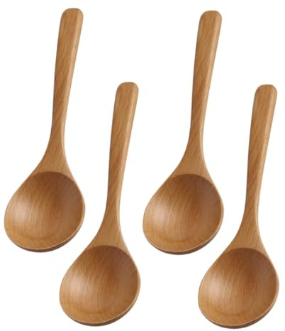 Angoily 4 pièces Cuillères Bois Naturel Cuillères Longues Artisanales Japonaises et Coréennes pour Soupe Porridge et Hot Pot Ustensiles Durables et Résistants pour Cuisson et Service