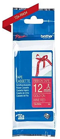 Brother Original P-touch Textil-Schriftband TZe-RW34, 12 mm gold auf weinrot (u.a. für Brother P-touch H200, H100LB/R, H105, E100/VP, D200/BW/VP, D210/VP)