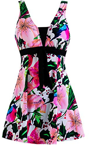 Wantdo Femme Maillots de Bain Une Pièce Robe pour Natation Sportif Impression Élasticité Imprimé Fleur Col en V Taille Plus Cache-Ventre Bretelles Larges Rembourré,Fleur de Oiseau,EU48-50/ UK 20-22