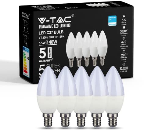 V-TAC E14 LED Candle Bulbs | 5.5W (Equivalent to 40W) Candle Light Bulbs | Edison Small Screw Light Bulb | Samsung Chip Non Dimmable E14 Candle Bulb | 3000K Warm White | Pack of 5