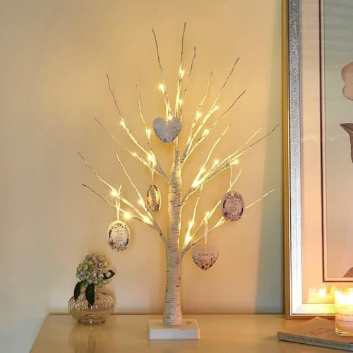 EAMBRITE Albero di betulla da 60 cm Albero luminoso a LED per decorazioni natalizie per interni Decorazione pasquale con ciondolo in carta Albero decorativo Alimentato a batteria Bianco caldo