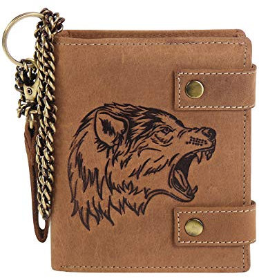 Harrys-Collection Herren Geldbörse mit Wolf Motiv aus hochwertigem Leder + RFID mit Kette Vintage Look, Farben:Cognac