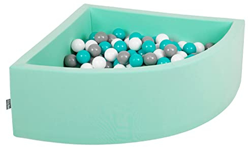 KiddyMoon TR30D-312 Bällebad 90X30cm/300 Bälle Bällepool Mit Bällen ∅ 7Cm Für Babys Kinder Viertel Eckig, Mint:Grau/Weiß/Türkis