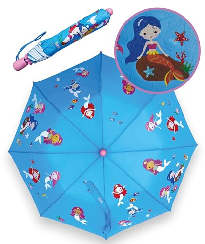 HECKBO Parapluie magique pour enfants Sirène - change de couleur quand il pleut - Parapluie pliant pour fille : s'adapte à tous les cartables - avec bandes réfléchissantes - poignée en bois