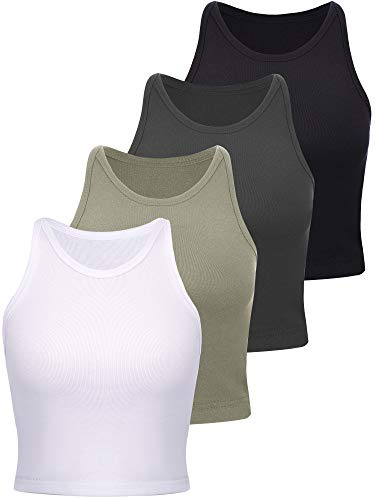 SATINIOR 4 Pezzi Crop Canotte di Base Donna Top Senza Maniche a Spalle Scoperte Top Sportivo in Cotone per Donna Ragazze Abbigliamento Quotidiano (Nero, Grigio, Oliva, Bianco, S)