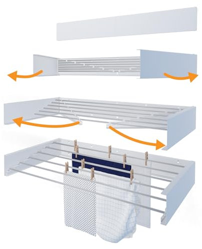 Hot Flow Glide Foldable Wall Mounted Clothes Rack, Retractable Clothes Drying Rack. Sleek Design With 6 x 100cm Rods For 6m Of Hanging Line. Perfect For Saving Space. 25kg Capacity, 100cm, White