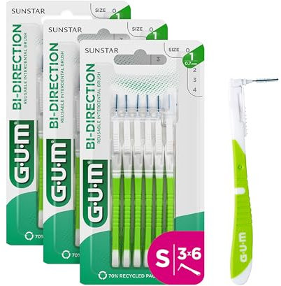 GUM BI-DIRECTION Zwei-Winkel-System Interdentalbürsten | 90 Grad Positionierung | Zahnreinigung und Plaque-Entfernung | 0.7mm, ISO 1 | Größe XS |​ 3x6 Packung