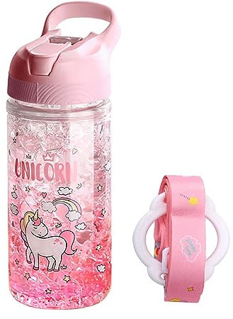 Einhorn Trinkflasche,Geschenk für Mädchen Geburtstagsgeschenk,Tasse mit Stroh und Sicherheit Sperren,Rosa Kinder Wasserflasche Bastelset Draussen Innen, 400ml zum Schulkinder Einhorn Liebhaber