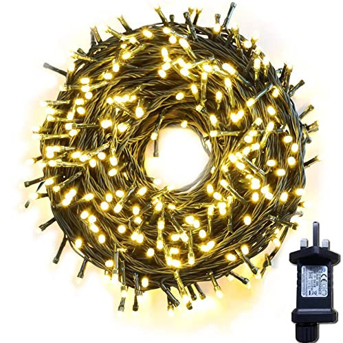 Gresonic 300 LED 6m/19.7ft Christmas Tree Fairy Lights Warm White Indoor, 8 Modes Timer Green Cable Wire String Twinkle Light, Waterproof Plug in Mains Powered for Garden Fence Decorations