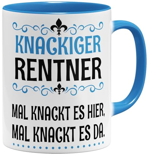 OM3® Knackiger Rentner Rente Kaffee-Tasse mit Spruch - Abschiedsgeschenk Ruhestand Rente - Keramik Becher - 11oz 325ml - Beidseitig Bedruckt - Hellblau