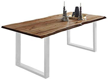 SAM Esszimmertisch 140x80 cm Noah, echte Baumkante, Esstisch aus Akazienholz nussbaumfarben & massiv, U-Gestell aus Weiß, Baumkantentisch mit 26 mm Platte