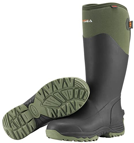 HISEA Rubber Rain Boots for Men, Waterproof Insulated Neoprene Hunting Boots, Durable Anti-Slip Outdoor Mud Boots for Hunting Gardening Farming Fishing Yard Working, Size 12 Green