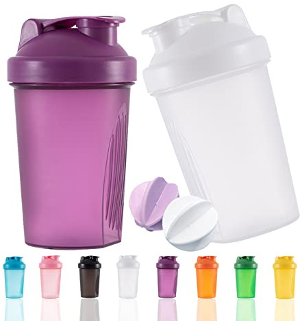 OOTD Protein Shaker Flasche 400 ml Auslaufsicher, BPA Frei, Eiweiß Shaker für Supplement Shakes mit Sieb & Skala, Fitness Mixer für cremige Whey Proteinpulver Shakes, (Purple+White(2PCS)